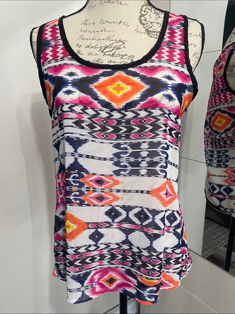 Deb Tribal Ikat Scoop Tank Top - White, Pink, Orange, Navy